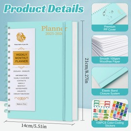 JAN2025-JUN2026 18 Month Calendar Monthly Planner, Hardback To-Do List Diary, A5 Weekly Overview Appointment Calendar, Spiral Bound Notebook with Monthly Index, 108 Stickers (Blue)