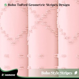 Dynamene Extra Long Shower Curtains, 96 Inches Long Boho Tufted Geometric Striped Fabric Shower Curtains for Bathroom, Tall Farmhouse Waterproof Cloth Shower Curtain Set with 12 Hook, Pink, 72x96