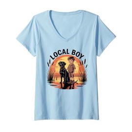 Womens Local Boy Black Lab Marsh Scene Sunset Vintage Country V-Neck T-Shirt