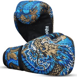 BUDDHA FIGHT WEAR Blue Dragon Boxing Gloves, Designed for Training and Sparring in Muay Thai Kickboxing Fitness - Men and Women - 14 oz