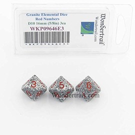 Granite Elemental Dice Red Numbers D10 16mm Pack of 3 Wondertrail WKP09646E3