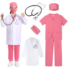 Amtum Kids Doctors Outfit Doctor Costume Kids with Lab Coat，Stethoscope，Scrubs Costume, Mask Doctor Nurse Dress Up Child Role Play Costumes for Girls 5-6 Years Pink/120