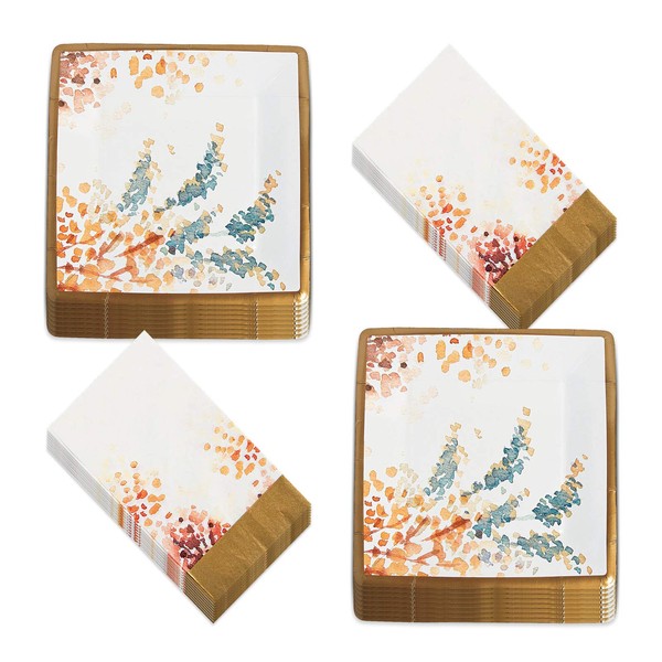Sweet Muted Floral & Matte Gold Square Paper Dinner Plates and Guest Napkins in Warm Neutral Colors (Serves 16)