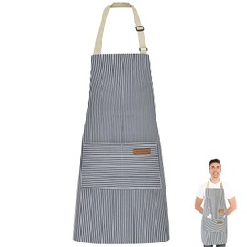Shunshi Adjustable Apron, Unisex Apron with 2 Pockets, Cotton Linen Cooking Kitchen Accessories Chef Bib Aprons for Women Men Home Baking Gardening Household Cleaning BBQ Restaurant(Blue Strips)