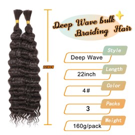 FanLin Deep Wave Bulk Hair for Boho Braids 3Packs 22inch 160g No Weft Synthetic Braiding Hair Water Wave Brazilian Virgin Curly Hair Extensions (Deep-4#, 22inch)