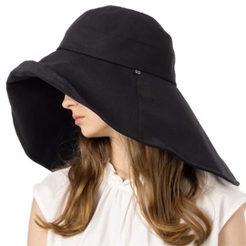 Loo&c Wide Brim Grande UV Hat, 100% Light Protection, Long Brim Hat, Women's, Large Size, Contact Cooling, Super Wide Brim, UV Protection, Chin Strap, Neck Guard, Spring and Summer, Large (22.8 - 24.0 inches (58 - 61 cm), Black)