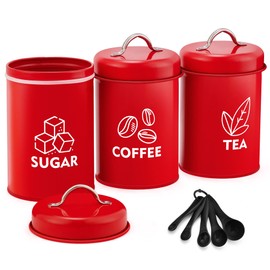 LIANYU 8 Pieces Canister Sets for Kitchen Counter, Vintage Kitchen Coffee Tea Sugar Metal Canisters Set with Lid Measuring Spoons, Rustic Farmhouse Decor, Red