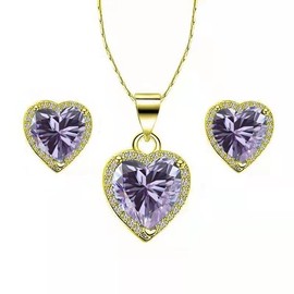 Paris Jewelry 10k Yellow Gold Heart 2 Ct Created Tanzanite CZ Full Set Necklace 18 inch Plated
