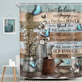 MESHELLY Rustic Farmhouse Christian Shower Curtain 60Wx72H Bible Verse Butterfly Cross Scripture Inspirational Quotes Wood Board Bath Curtain Country Bathroom Decor with 12 Hooks