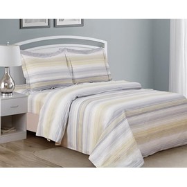 Violet Linen French Gold Stirped Pattern, Luxury Ultra Soft and Breathable 200 Thread-Count Cotton Percale, Gold-Gey, Full, 6 Piece Duvet Set, Bedding Duvet Cover Set for Two Beds