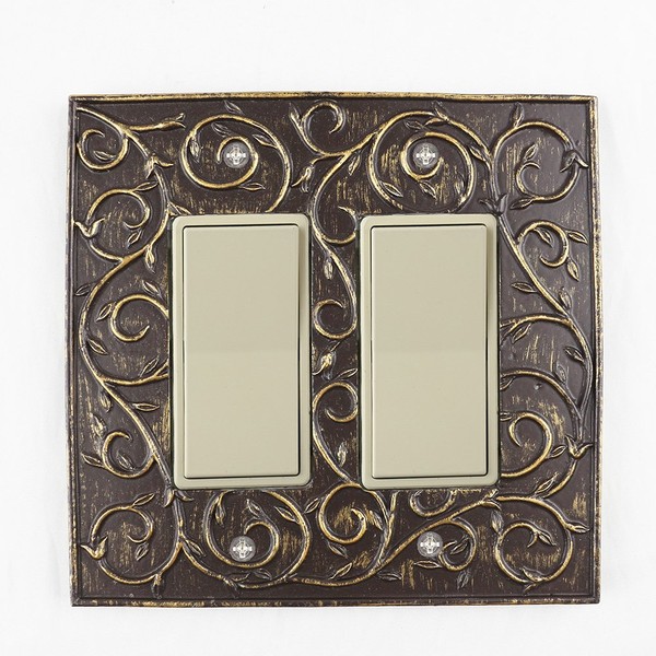 Meriville French Scroll 2 Rocker Wallplate, Double Switch Electrical Cover Plate, Bronze