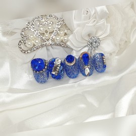 Blue Diamond Handmade Nail Tips - Short Straight Coffin / 블루다이아 수제네일팁 - 숏일자형코핀