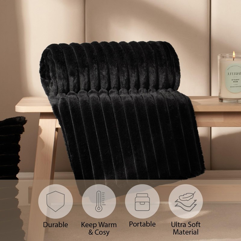 OHS Faux Fur Black Throw Blanket for Bed, Thick Soft