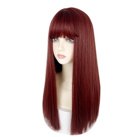 URCGTSA 22 Inches long Hair Wig for Women Black Synthetic Hair Natural Long Straight Wig With Bangs Party Cosplay Wig for Girl (Raspberry Red)