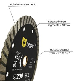 GRAFF 8 Inch Diamond Blade for Angle Grinder - Diamond Cutting Wheel for Cutting Stone, Marble, Granite, Brick, Masonry, Paving Flag, Concrete - Turbo Diamond Saw Blades - 200 mm