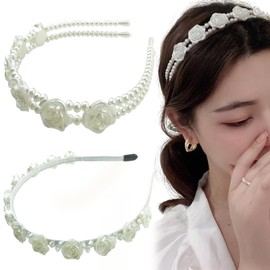 Thinslimer 2PCS Rose Flower Pearl Metal Headbands,White Floral Hair Accessory,Wedding Headpiece Women's Fashion Hairbands