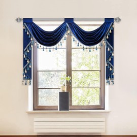VOGOL Luxury Velvet Waterfall Valances for Kitchen, Light Filtering Decorative Curtain Panels with 2 Swags, 59 Inch Wide Rod Pocket Drapes for Living Room, 1 Pack, Blue