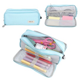 Blue Pencil Case, Cute Pen Pencil Case with Double Zippers Closure Stationery Supplies Pen Pencil Pouch with Compartments for Middle High School Student Kids Boy Girl Teen Adult (Blue)