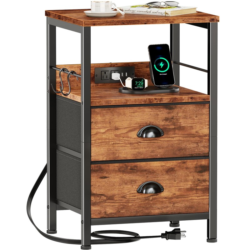 Furologee End Table with Charging Station, Nightstand with Fabric Drawers,