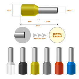 Fidioto 10AWG Wire Ferrules Terminals, 250pcs AWG10/6mm² wire ferrule kit for electric, industrial, chemical industry, power control system, etc.