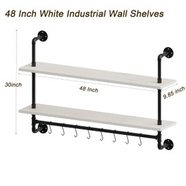 ROGMARS Industrial Pipe Shelving Pine Wood Floating Shelves for Wall, 48 inch White Kitchen Wall Mounted Shelves Bathroom Shelves with Towel Bar Coffee Bar Shelf with Hooks for Living Room Bedroom