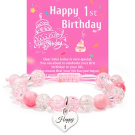 ZZLTAWS Birthday Bracelets Gifts for 1 2 3 4 5 6 7 8 Year Old Girls, Pink and white crystals Heart Charms Bracelets, Birthday Gifts for Girls Daughter Granddaughter Niece (1 year old)