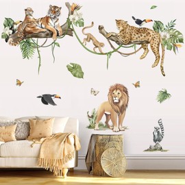 decalmile Jungle Animals Tree Branch Wall Stickers Safari Lion Leopard Tiger Wall Decals Baby Nursery Kids Room Playroom Wall Decor