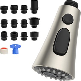 Hibbent 3-Function Pull Down Kitchen Faucet Head Replacement with 12 Adapters, NSF/ANSI/CAN 61 & CUPC Certified Sink Spray Nozzle, Compatible with Moen, Delta, Kohler Faucets, Brushed Nickel