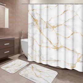 White Bathroom Sets with Shower Curtain and Rugs and Accessories, Mable Gold Rose Stone Shower Curtain Sets, Modern Shower Curtains for Bathroom,Mable Bathroom Decor 3 Pcs