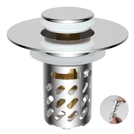 iFealClear Universal Metal Bathroom Sink Stopper, Pop Up Sink Drain Strainer with Removable Stainless Steel Hair Catcher Filter Basket, Drain Stopper for 1.1"-2.36" Basin, Brass Bounce Core,Chrome