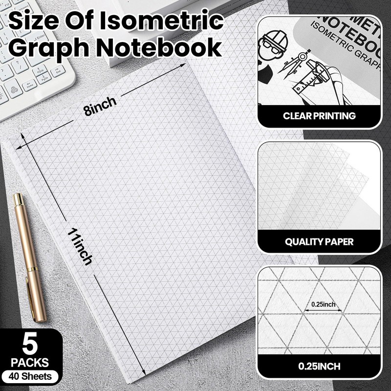 Ctosree 5 Pcs Isometric Graph Paper Notebook 8.5" x 11"
