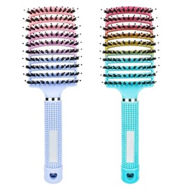 2Pcs Boar Bristle Hair Brush, Wet & Dry Hair Brushes, Curved and Vented for Wet and Dry Detangling Hair Brush for Women Long, Detangling Long Curly Thick Hair for Women, Men & Kids (C+D)