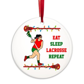 Eat Sleep Lacrosse Repeat, Female Lacrosse Player Christmas Ornament, Lacrosse Girl Christmas Tree Ornament with Stick/Crosse & Dangle Ball, Keepsake Gifts for LAX Women Team Fan Coaches, Merry Laxmas