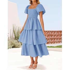 ZESICA Women's 2025 Summer Boho Midi Dress Short Puff Sleeve Flowy A Line Tiered Beach Vacation Long Dresses,Light Blue,Small