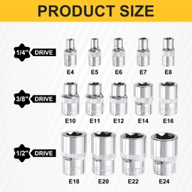sourcing map E-Torx Socket Set 1/4" 3/8" 1/2" Drive E4 -E24 External Torx Deep Socket CR-V 6 Point Spline Socket External Torque Star Female Bit Socket Kit for Auto Repairs Home Maintenance