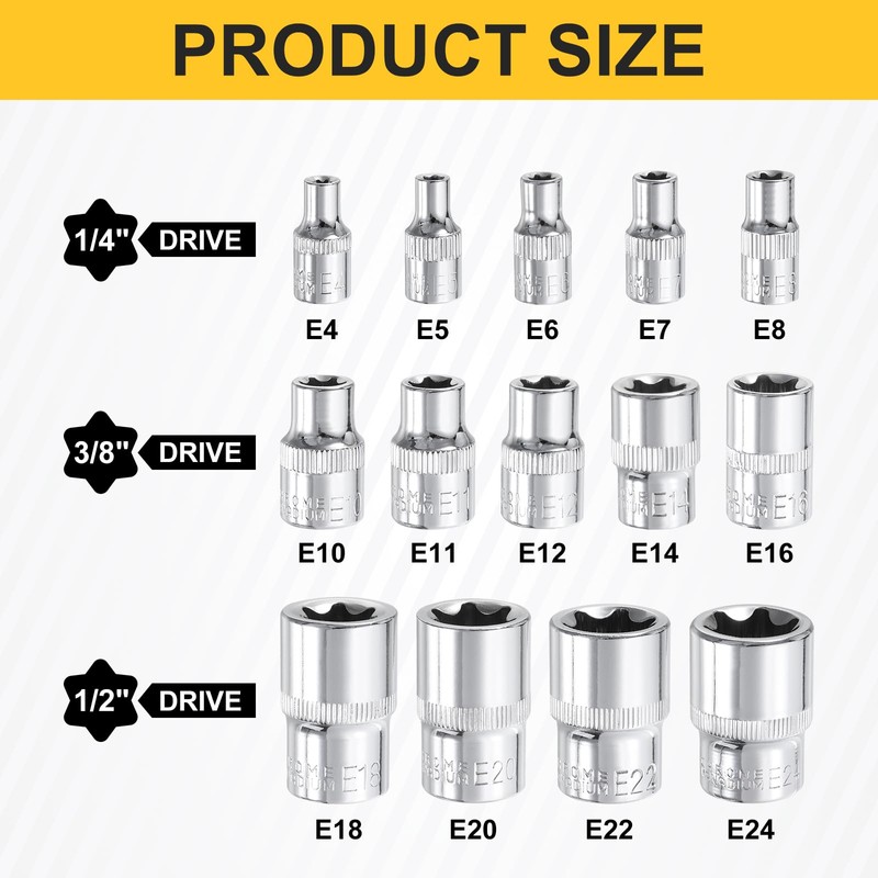 sourcing map E-Torx Socket Set 1/4" 3/8" 1/2" Drive E4