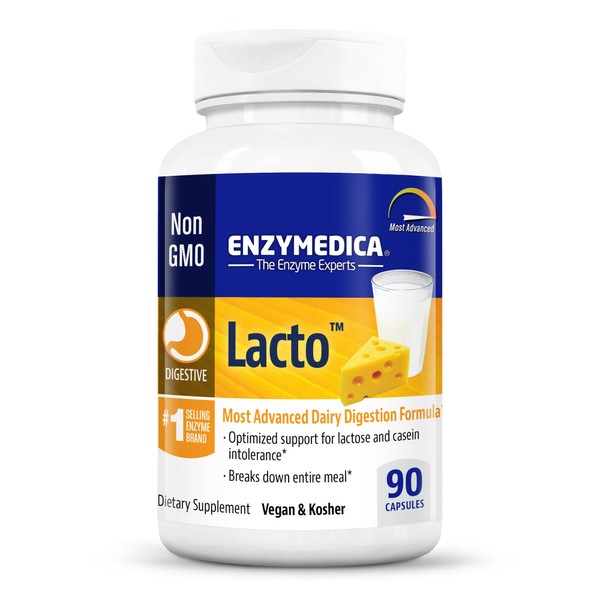 Enzymedica Lacto, Digestive Enzymes for Complete Dairy Digestion, Offers Fast-Acting Gas & Bloating Relief, Frustration Free Packaging, 90 Count (FFP)