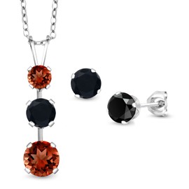 Gem Stone King 925 Sterling Silver Red Garnet and Black Onyx Pendant and Earrings Jewelry Set For Women (1.82 Cttw, Gemstone January Birthstone, with 18 Inch Chain)