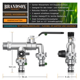 Brandson - Garden Tap - Double Outlet Tap - 1/2 Inch Input 2 x 3/4 Inch Outlet Including Hose Connections - Ball Outlet Valve - Nickel-Plated Brass - Rust and Frost Proof