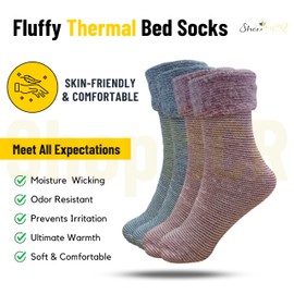 ShopMCR Women’s Fluffy Thermal Bed Socks | Extra Warm & Super Soft | Cosy Fleece Lined Socks for Cold Evenings UK 4-7 – Assorted Colours (2 Pairs, Striped Blue/Pink)