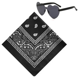 JIANGLAI Bandana with Heart Sunglasses, Disco Cowgirl Bachelorette Paisley Scarf for Men Women (Black)