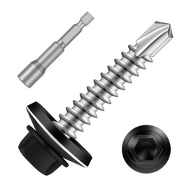 Etauwe #10 x 1-1/2" Zinc Plated Steel Self Drilling Roofing Screws, Hex Head Self Tapping Screws with EPDM Washer, Black Head, 100 PCS