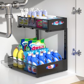 Housolution 1 Pack Large Under Sink Organizer, 2 Tier Metal Pull Out Under Sink Storage with Sliding Mesh Drawers, Height Adjustable Slide Out Under Cabinet Organizer for Kitchen Bathroom, Black