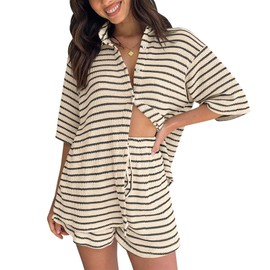 BWQ Women's Knit 2 Piece Outfits Casual Striped Button Down Shirts and Drawstring Shorts Matching Lounge Sets Beige S