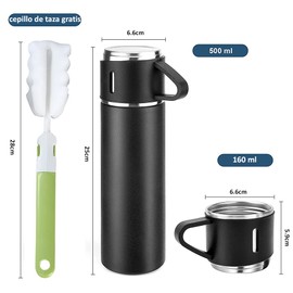GARCIAS Termo para Agua y Café de Acero Inoxidable, botella aislada al vacío con tapa incorporada a prueba de fugas de 500 ml con tazas, taza de café de viaje para bebidas frías y calientes (Negro)