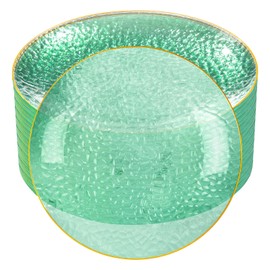 Rubtlamp 100 Pcs Clear Green Plastic Plates, Gold Hammered Plastic Salad Platos, Green Disposable Platos With Gold Rim，7 Inch Dessert Platos Disposable, Dessert Appetizer Platos