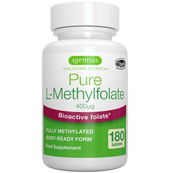 Pure Folate 400 mcg, 180 Small Tablets, Clean Ingredients & Vegan, Active Form of Folic Acid L-Methylfolate (Vitamin B9), Suitable for Pregnancy, One-a-Day, 180 Servings, by Igennus