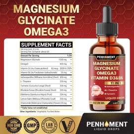 PENHOMENT 11in1 Magnesium Glycinate Liquid Drop with Omega-3 Supplement, Ashwagandha Drops, L-Theanine, Turmeric, Magnesium Complex Supplement to Support Brain - 1FL Oz - 2 Month Supply