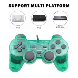 JINHOABF 2 Pack PS2 Wired Controller,Double Shock Gamepad Compatible with PS2 Console (Clear Blue+Clear Green)