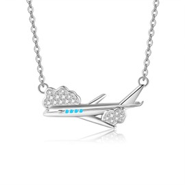 HUKKUN Airplane Necklace 925 Sterling Silver Travel Necklace for Women Airplane Jewelry Gifts for Stewardess Flight Attendants Pilots